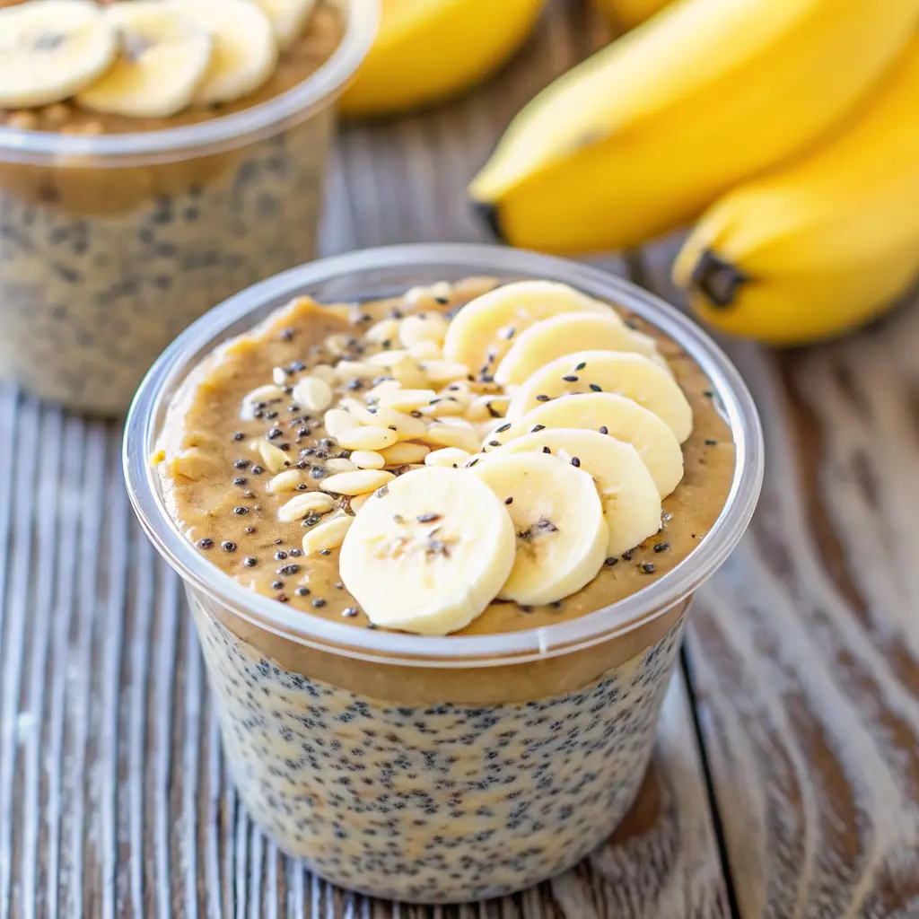 Glass jars filled with peanut butter and banana chia pudding, topped with banana slices and a peanut butter swirl.