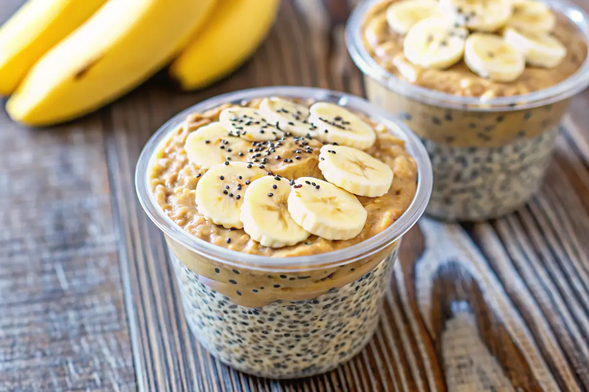 Glass jars filled with peanut butter and banana chia pudding Recipe, topped with banana slices and a peanut butter swirl.