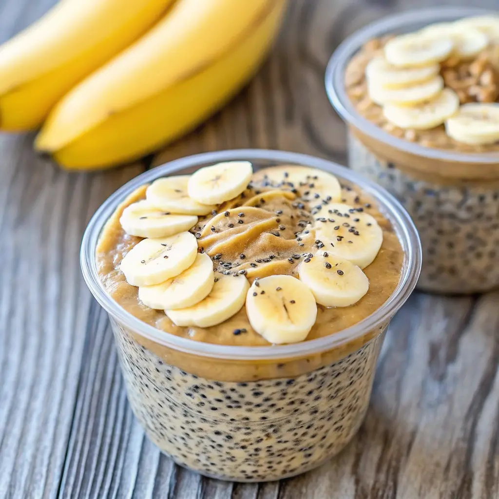 Glass jars filled with peanut butter and banana chia pudding, topped with banana slices and a peanut butter swirl.