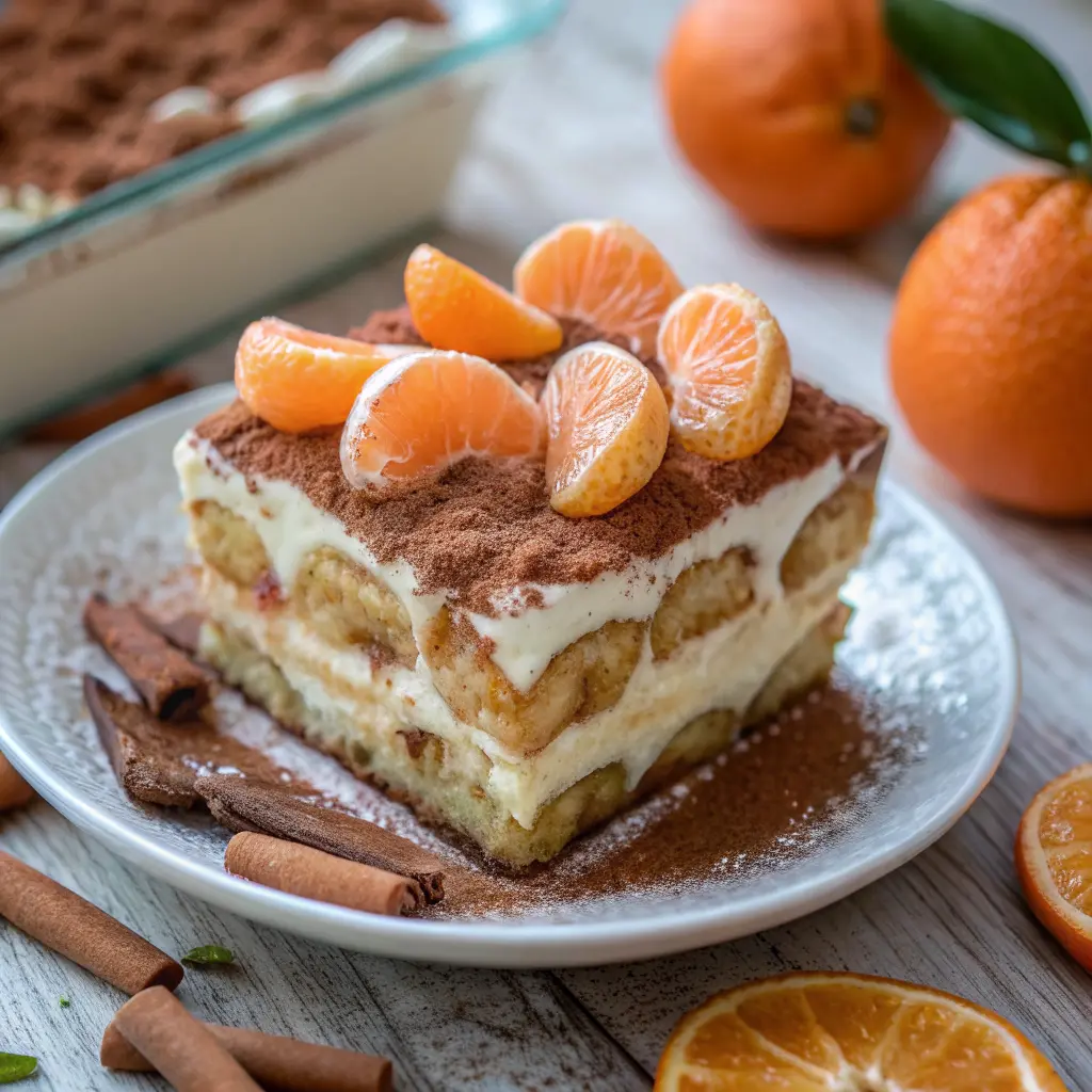 Pepernoten Tangerine Tiramisu layered with spiced cookies, citrus slices, and creamy mascarpone