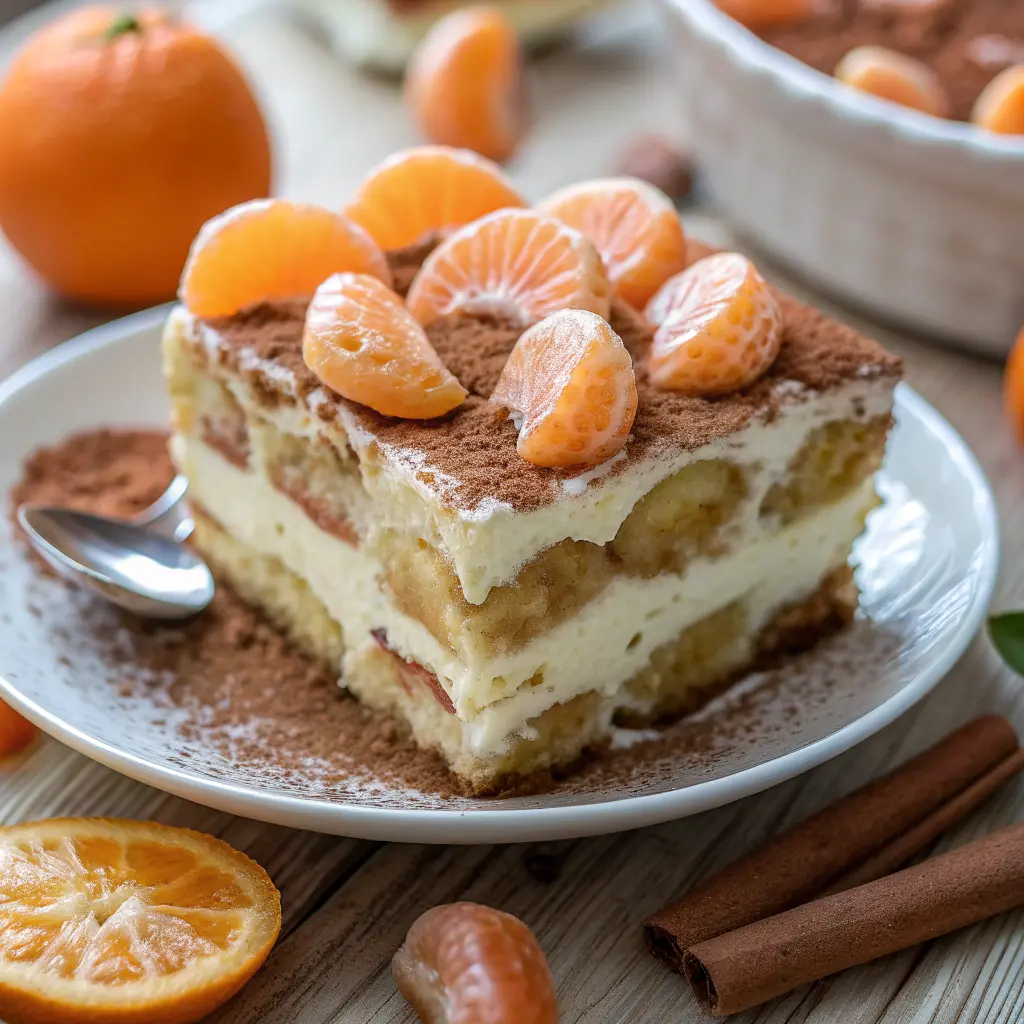 Pepernoten Tangerine Tiramisu layered with spiced cookies, citrus slices, and creamy mascarpone