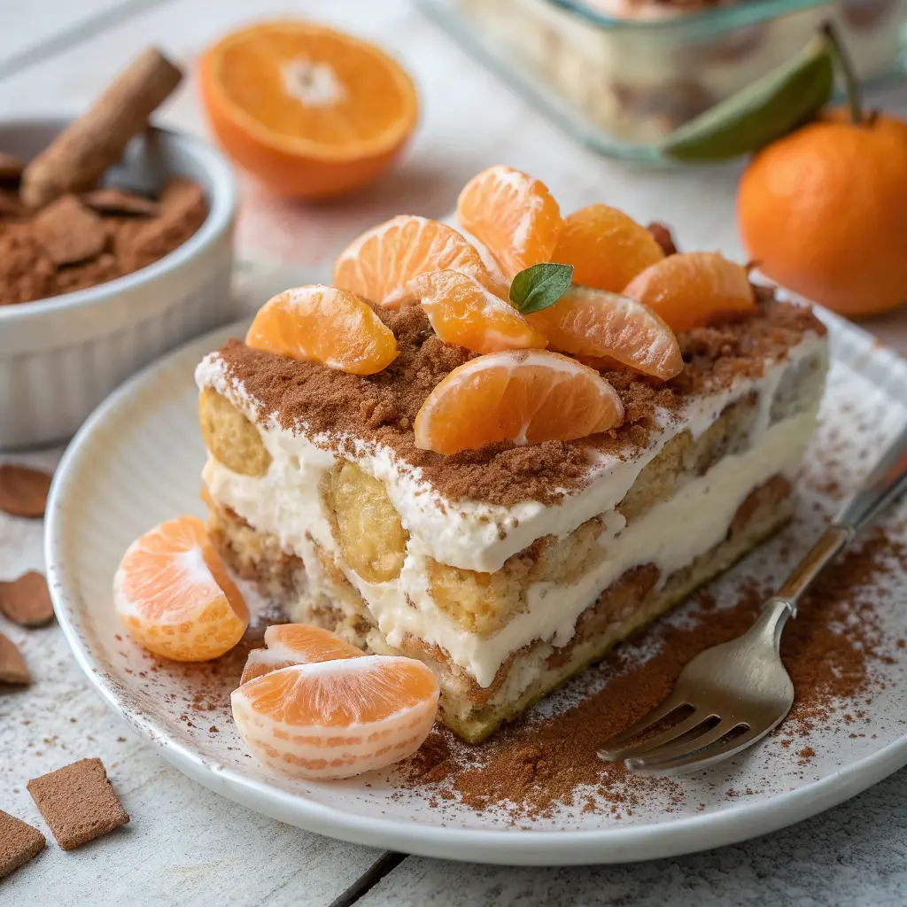 Pepernoten Tangerine Tiramisu layered with spiced cookies, citrus slices, and creamy mascarpone