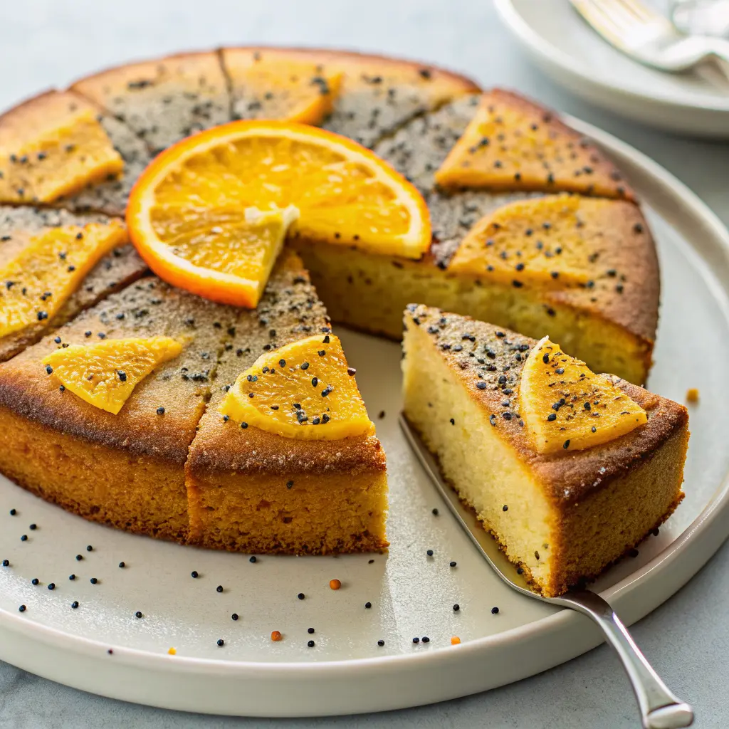Persian orange cake with cardamom and poppy seeds topped with orange glaze