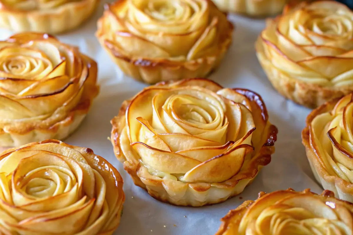Beautiful puff pastry apple roses tarts arranged like edible roses