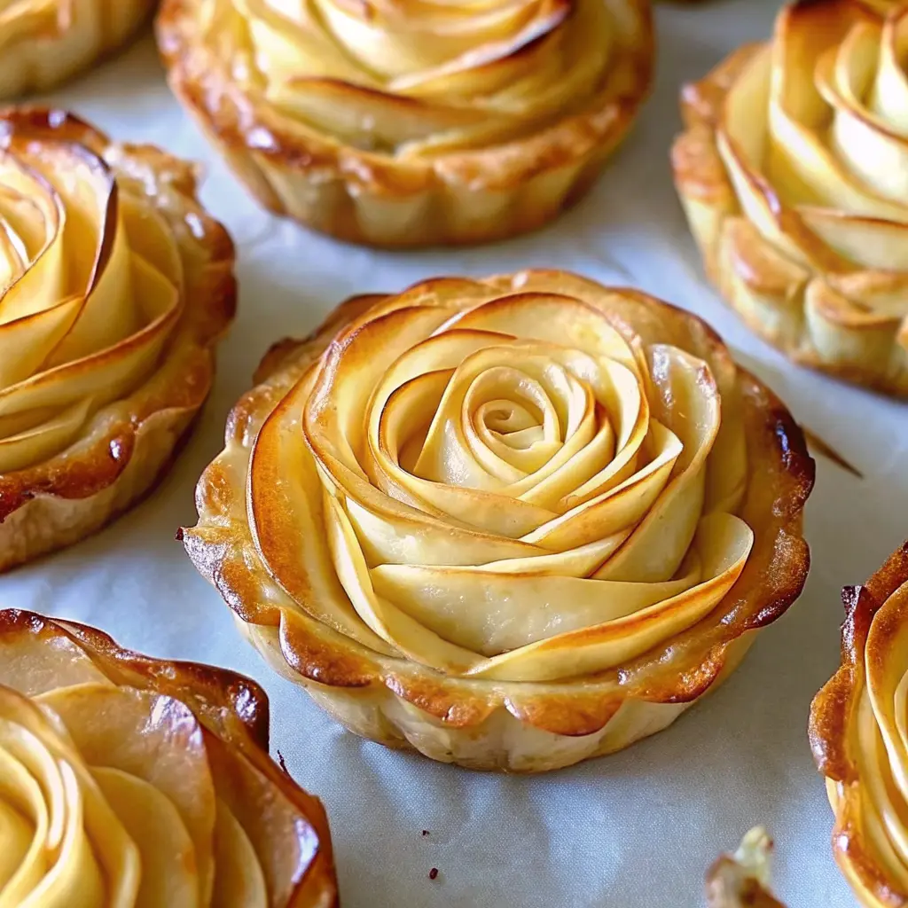 Beautiful puff pastry apple roses tarts arranged like edible roses