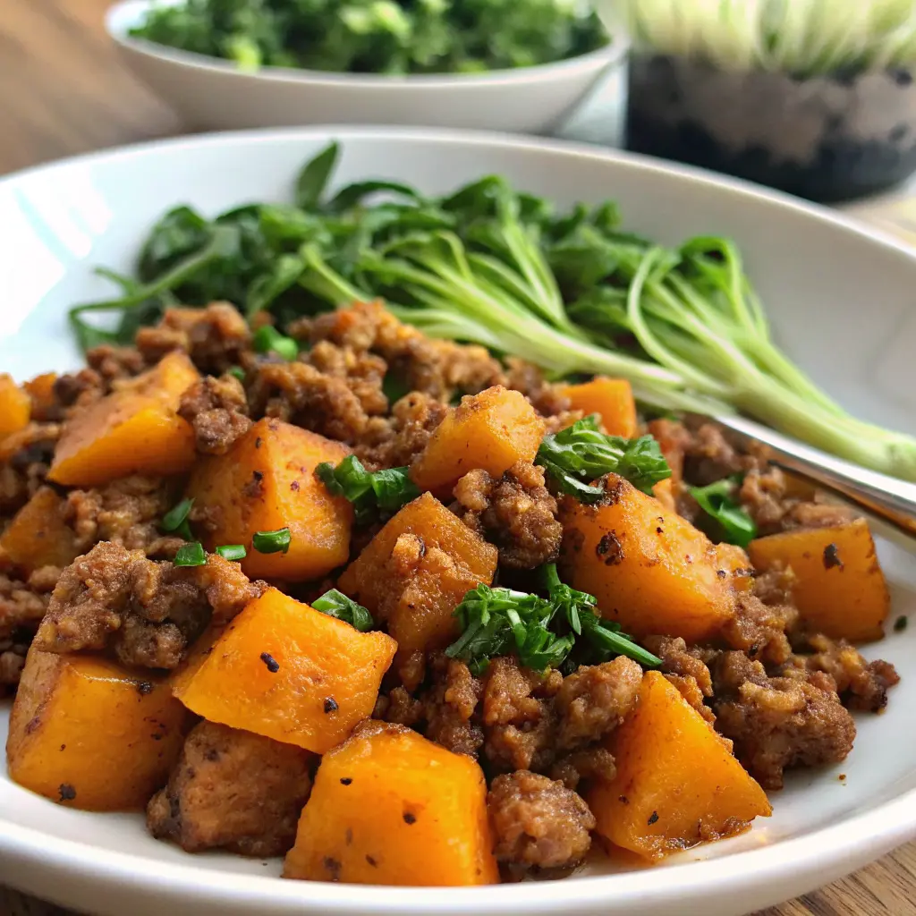 Roasted Butternut Squash with Ground Turkey in a rustic baking dish