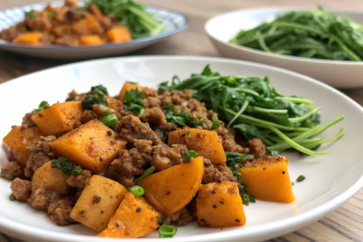 Roasted butternut squash with ground turkey in a rustic baking dish