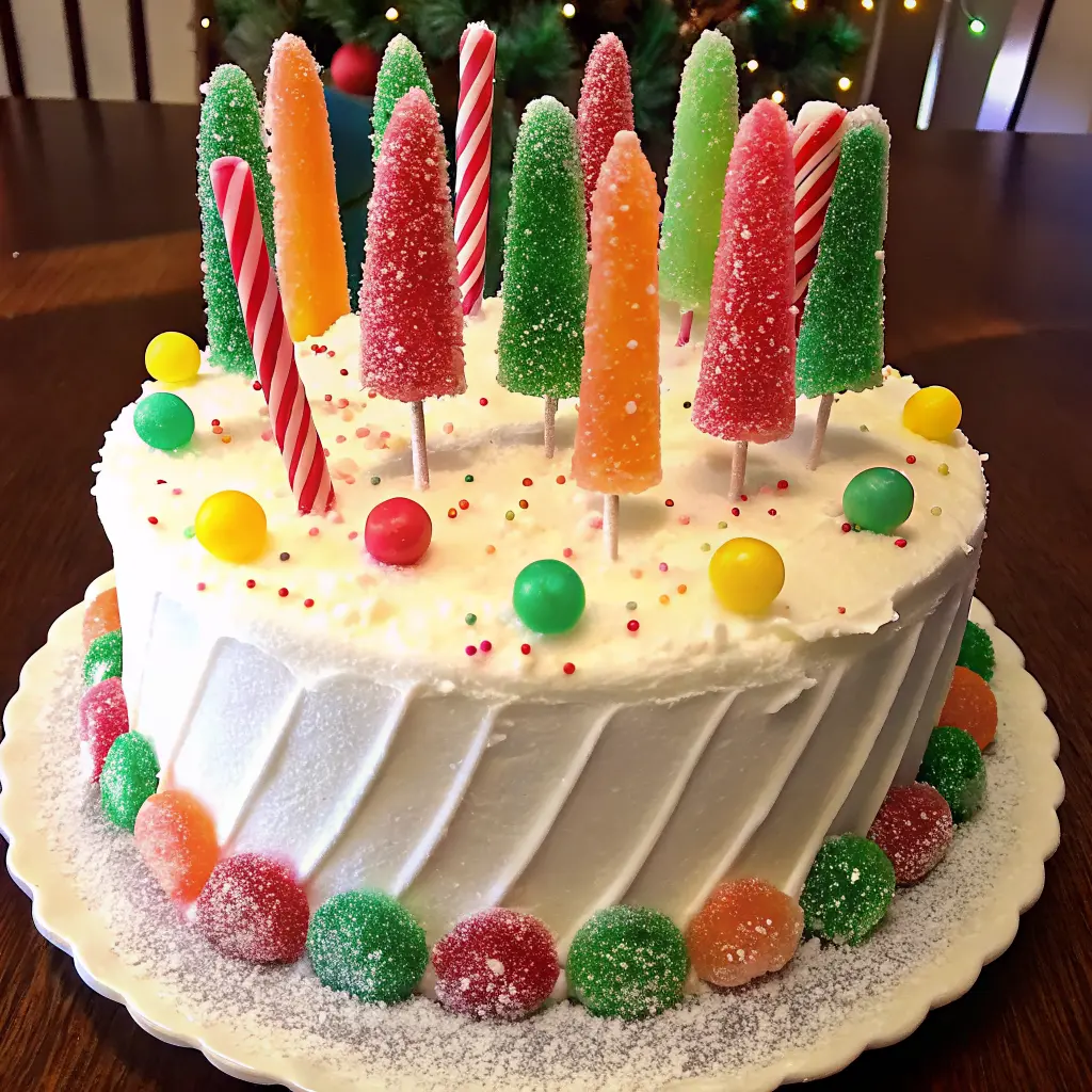 Tall Rock Candy Christmas Cake covered in sparkling sugar crystals.