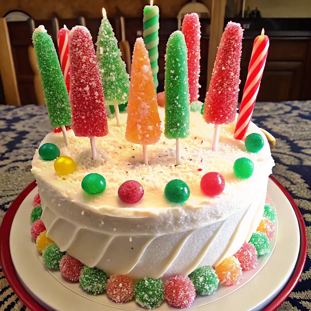Tall Rock Candy Christmas Cake covered in sparkling sugar crystals.