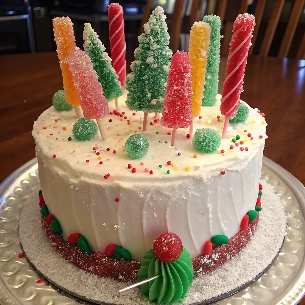 Tall Rock Candy Christmas Cake covered in sparkling sugar crystals.