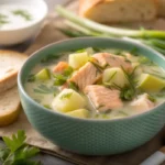 Salmon dill soup with leeks and potatoes in a bowl