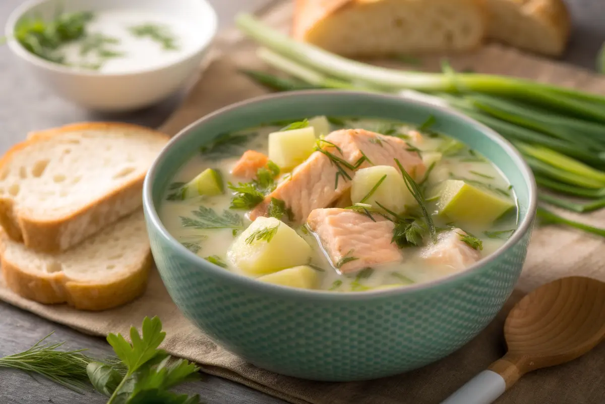 Salmon dill soup with leeks and potatoes in a bowl