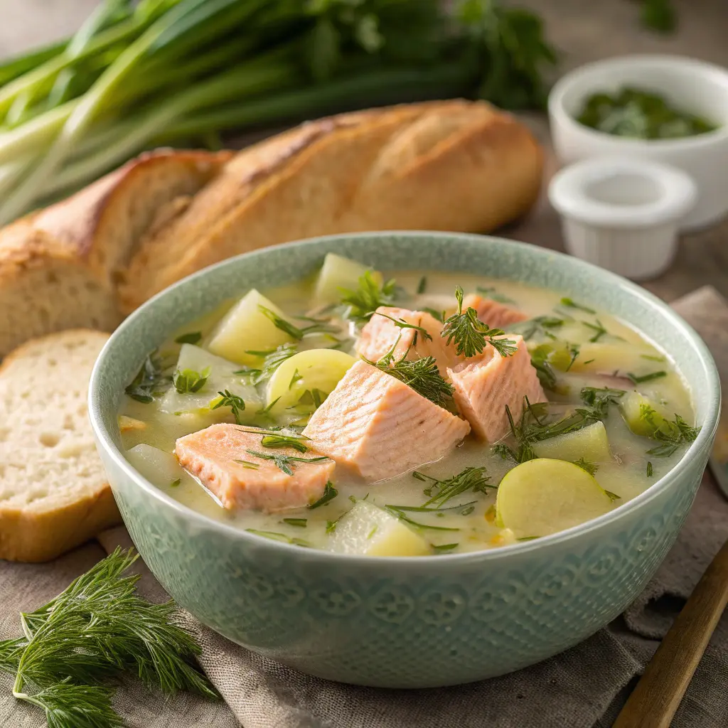 Salmon dill soup with leeks and potatoes in a bowl