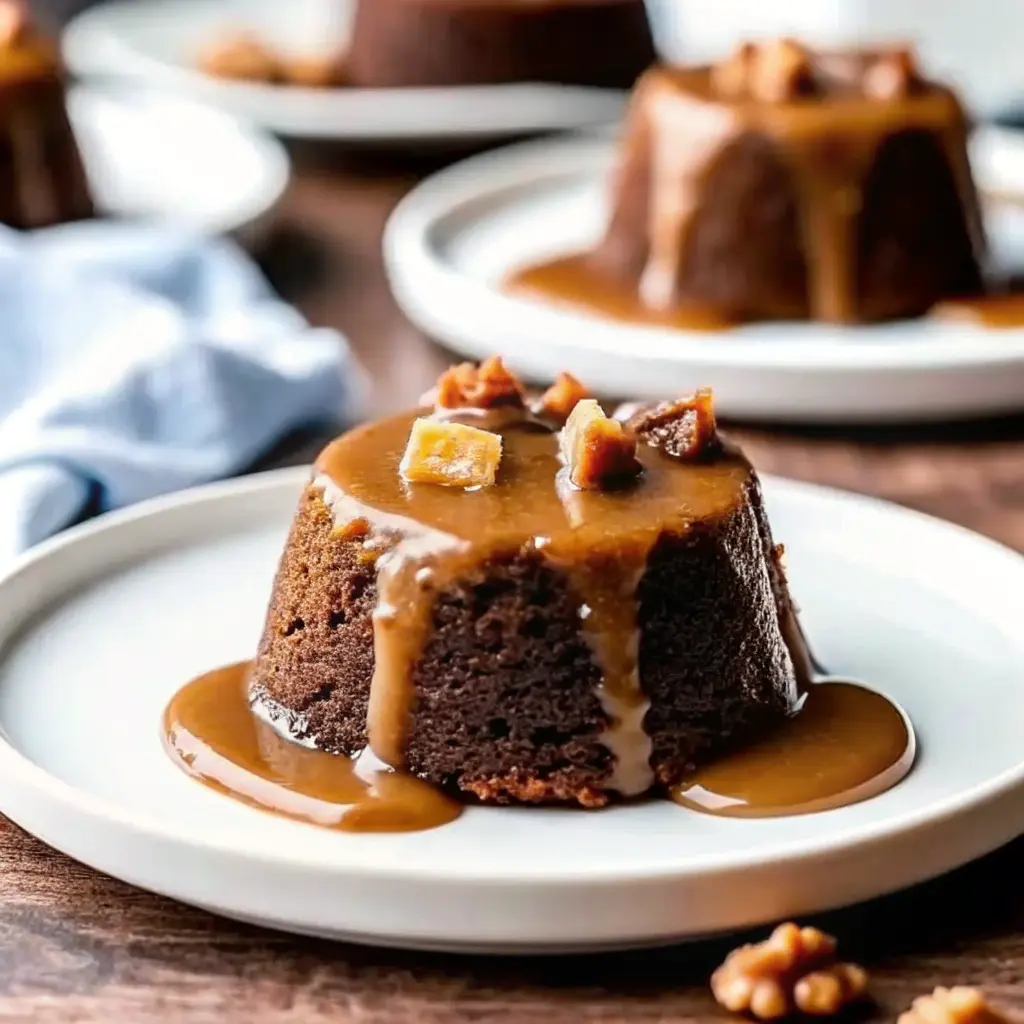 Salted Caramel Date Pudding drizzled with warm caramel sauce