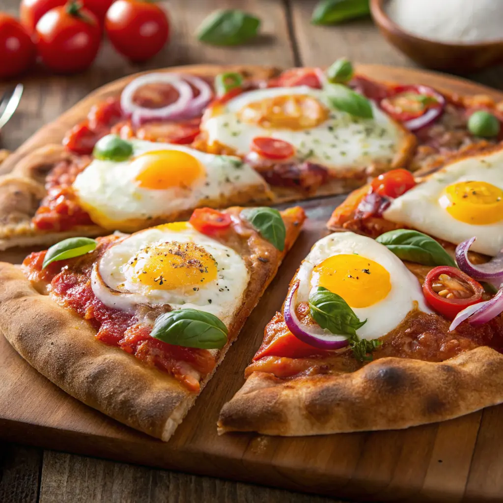 Shakshuka Breakfast Pizza Recipe topped with eggs, herbs, and vibrant tomato-pepper sauce