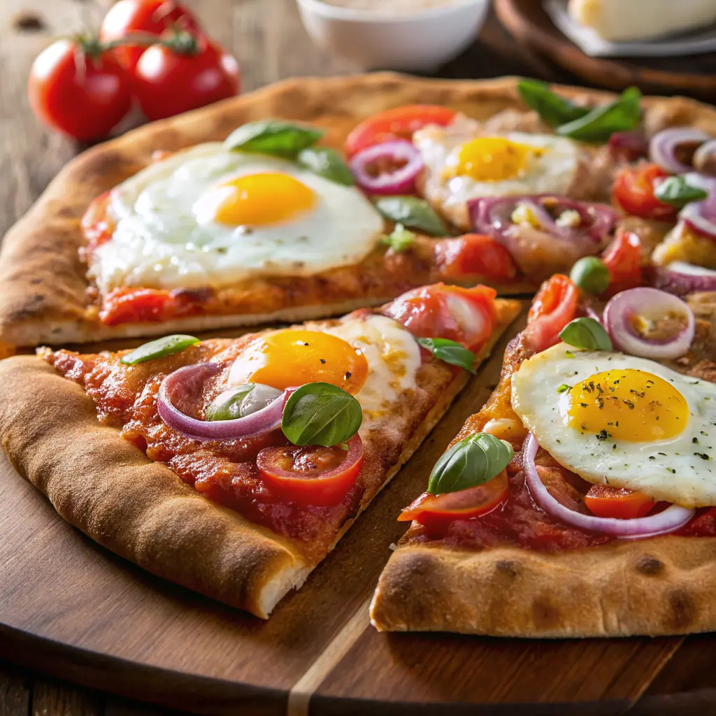 Shakshuka Breakfast Pizza Recipe topped with eggs, herbs, and vibrant tomato-pepper sauce