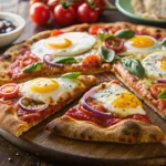Shakshuka Breakfast Pizza Recipe topped with eggs, herbs, and vibrant tomato-pepper sauce