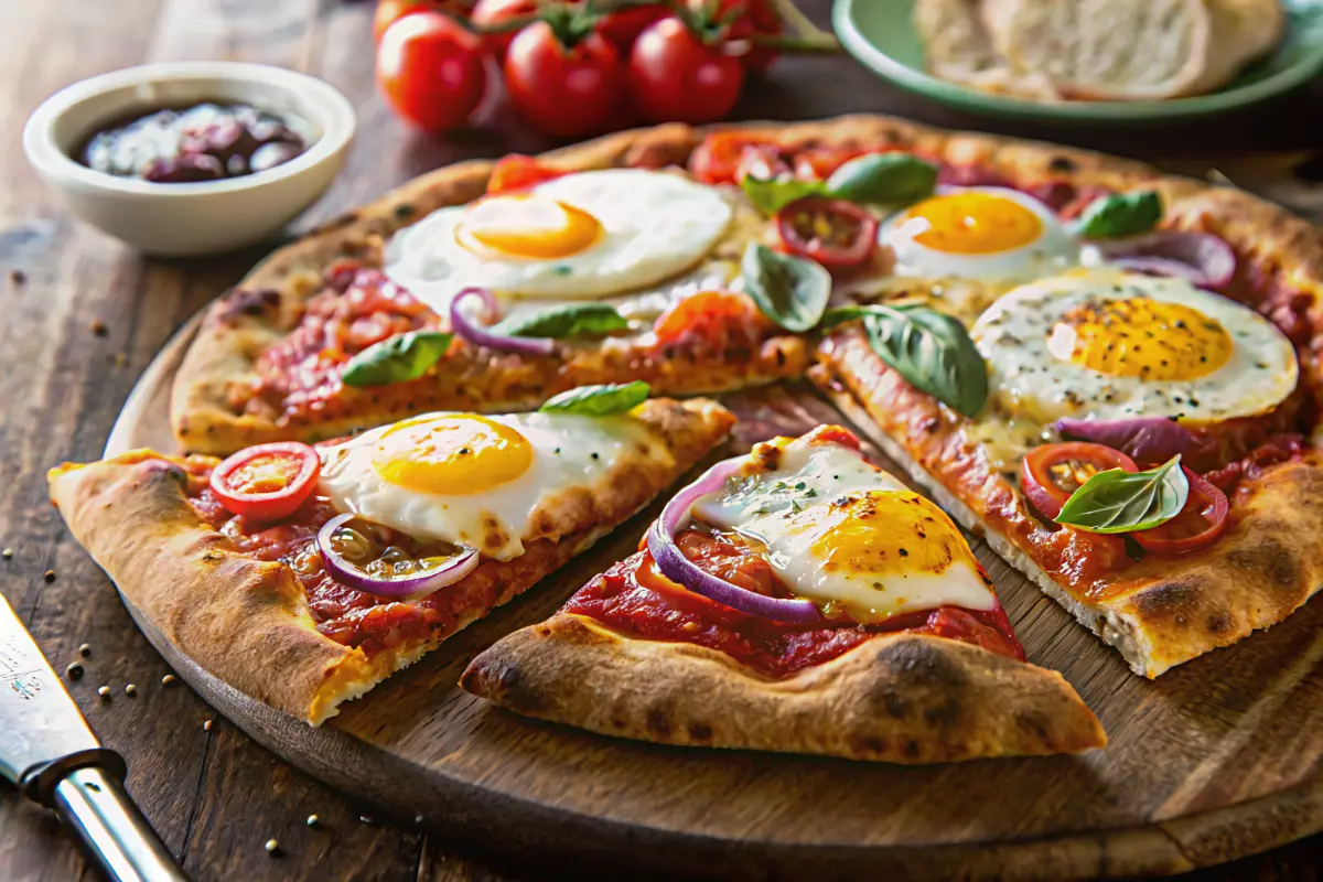 Shakshuka Breakfast Pizza Recipe topped with eggs, herbs, and vibrant tomato-pepper sauce
