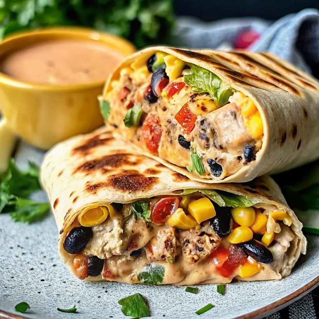 Southwest Chicken Wrap Recipe with seasoned chicken, veggies, and creamy sauce in a tortilla