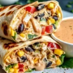 Southwest Chicken Wrap Recipe with seasoned chicken, veggies, and creamy sauce in a tortilla