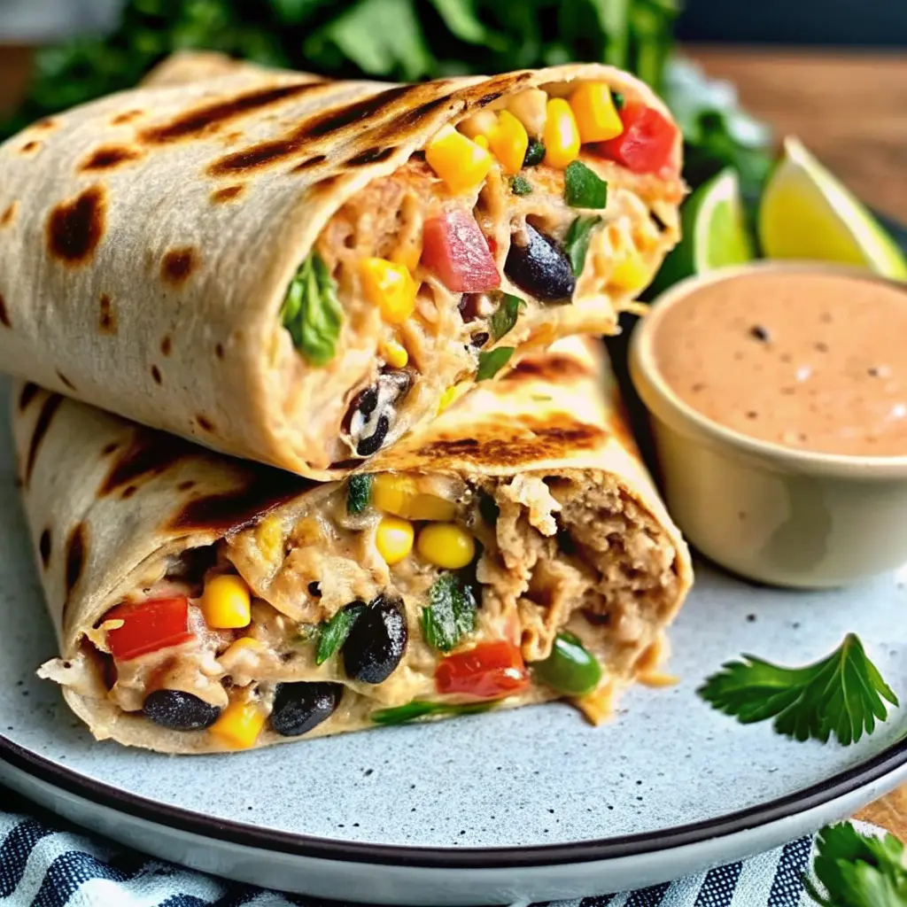 Southwest Chicken Wrap Recipe with seasoned chicken, veggies, and creamy sauce in a tortilla