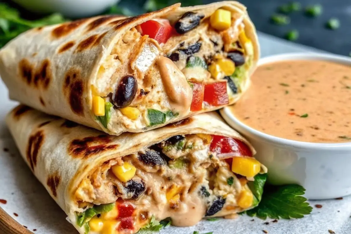 Southwest Chicken Wrap Recipe with seasoned chicken, veggies, and creamy sauce in a tortilla