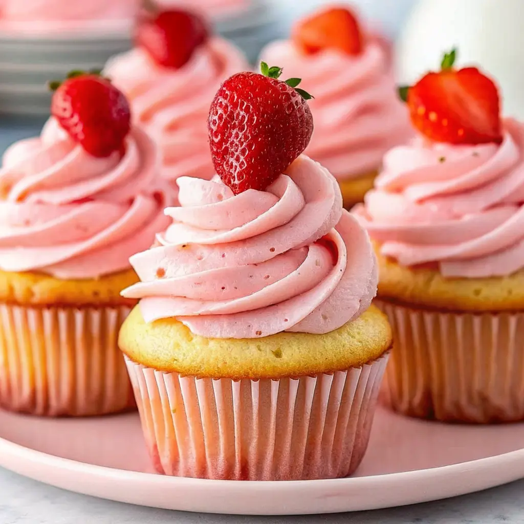 Homestyle strawberry cupcakes topped with pink strawberry frosting and fresh berries