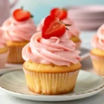 Homestyle strawberry cupcakes topped with pink strawberry frosting and fresh berries