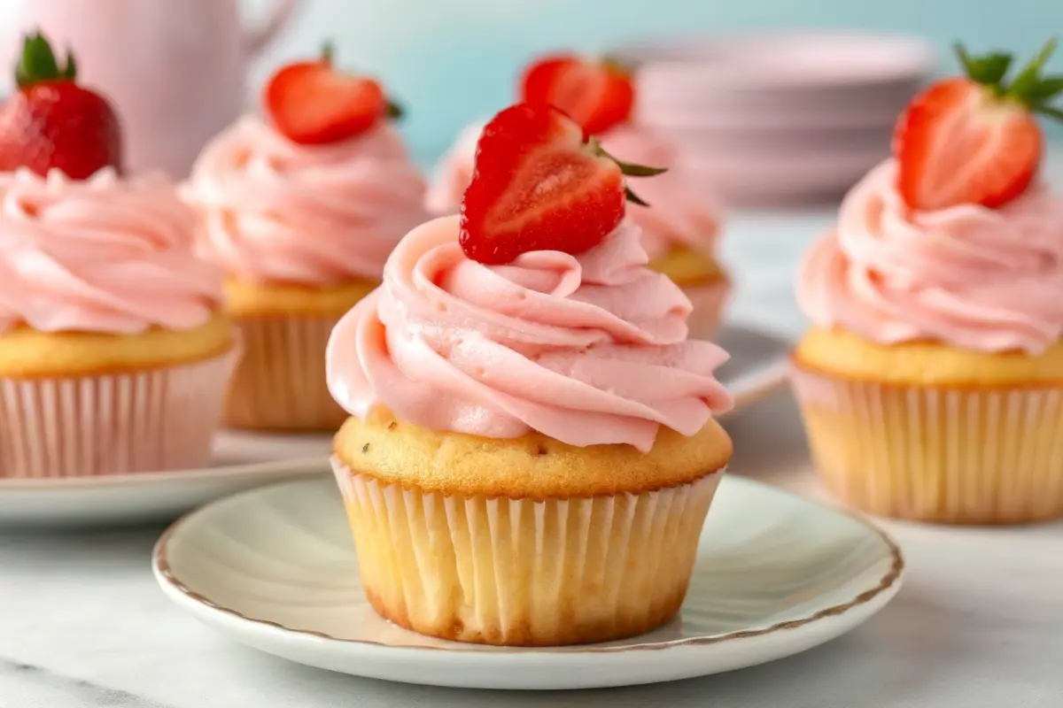 Homestyle strawberry cupcakes topped with pink strawberry frosting and fresh berries