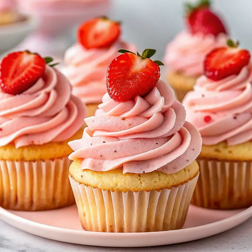 Homestyle strawberry cupcakes topped with pink strawberry frosting and fresh berries