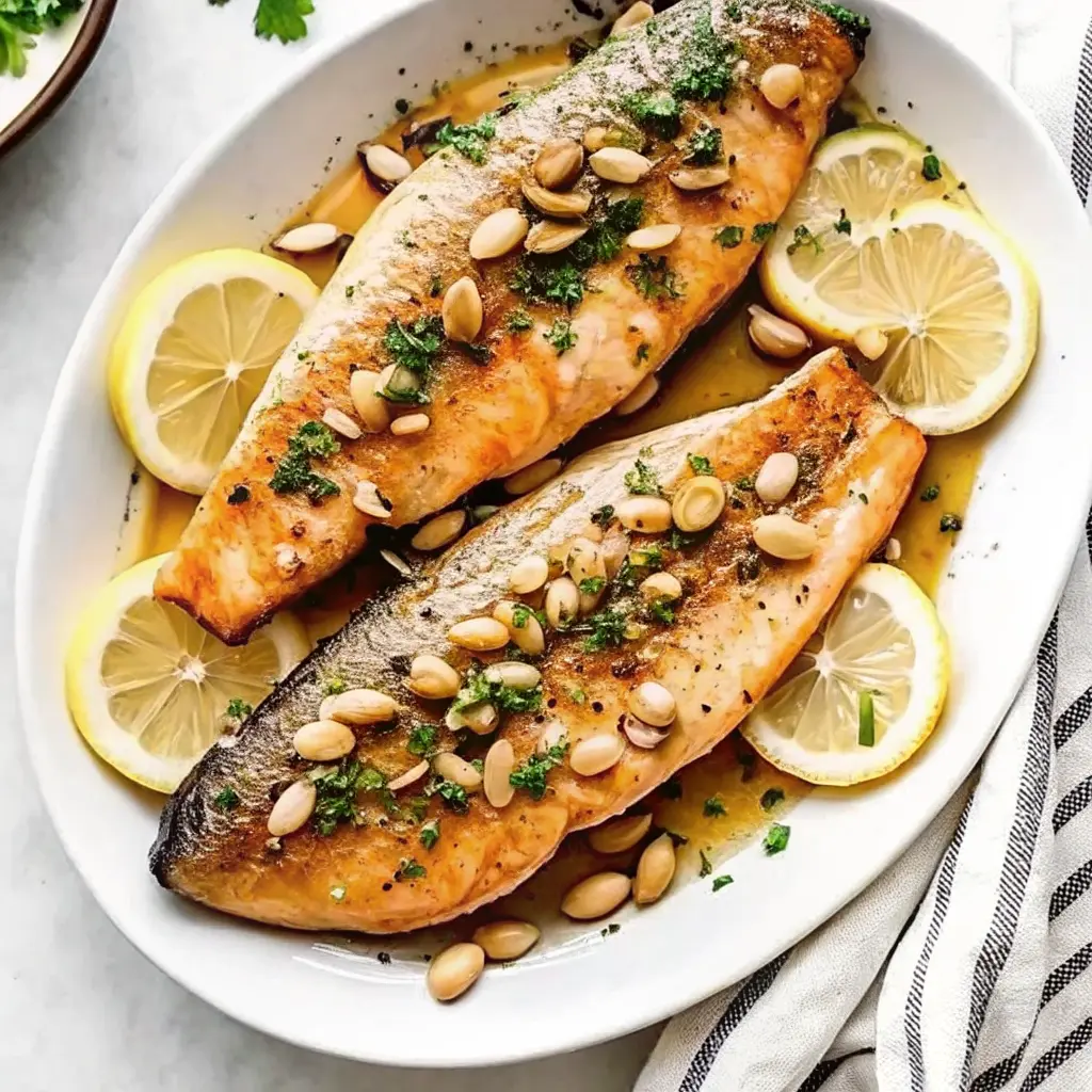 Trout amandine with brown butter and toasted almonds in a skillet
