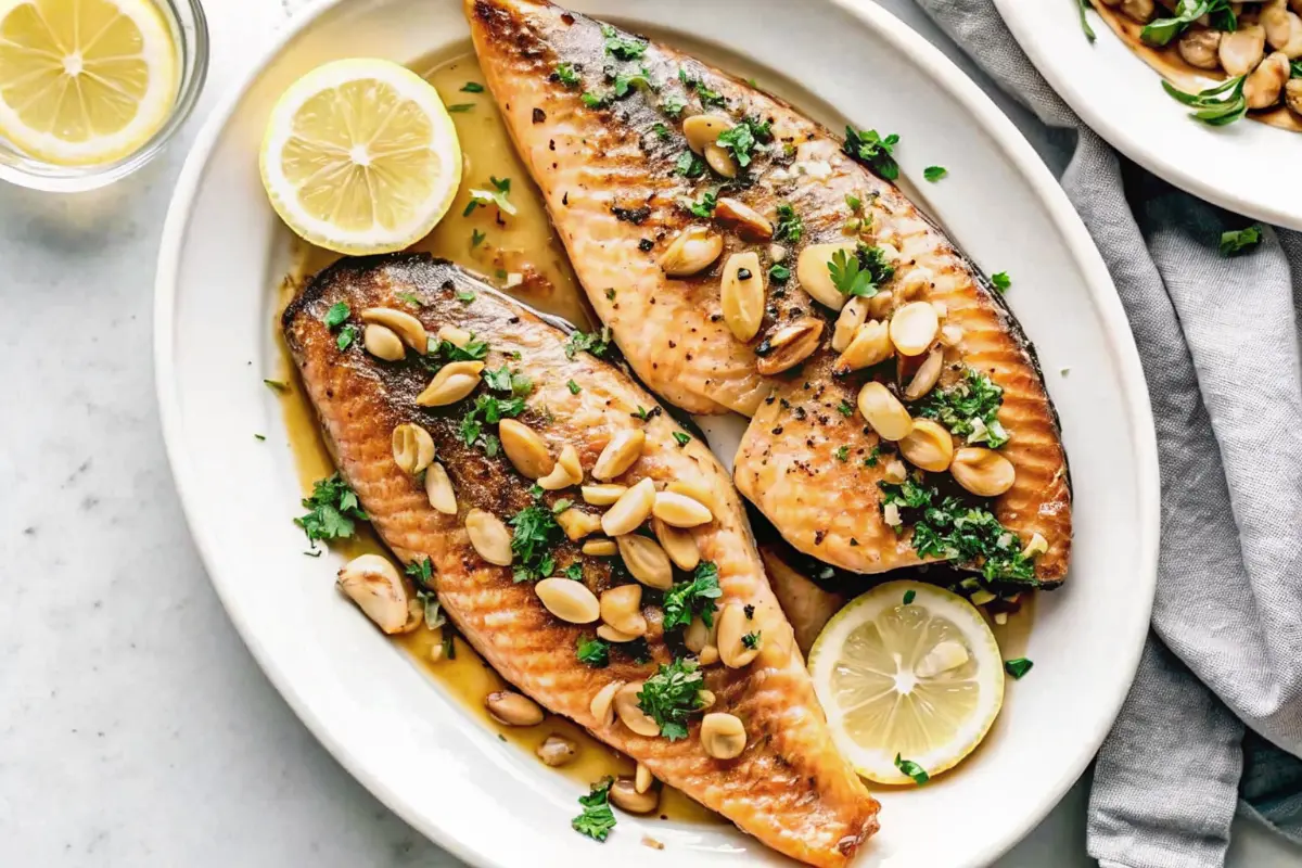 Trout amandine Recipe with brown butter and toasted almonds in a skillet
