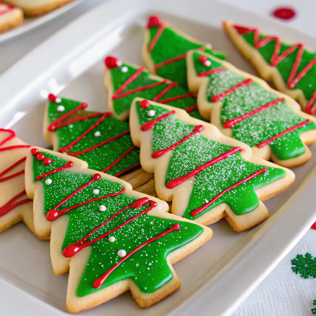 Jolly Christmas Tree Cookies on a festive holiday tray