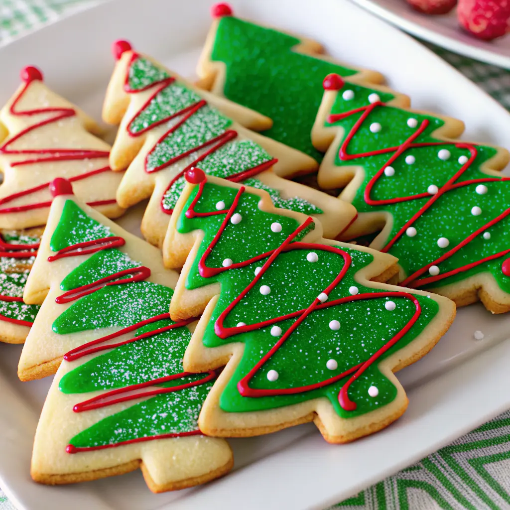 Jolly Christmas Tree Cookies on a festive holiday tray