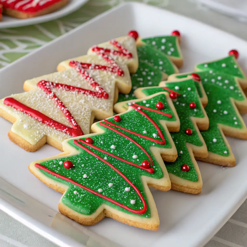 Jolly Christmas Tree Cookies on a festive holiday tray