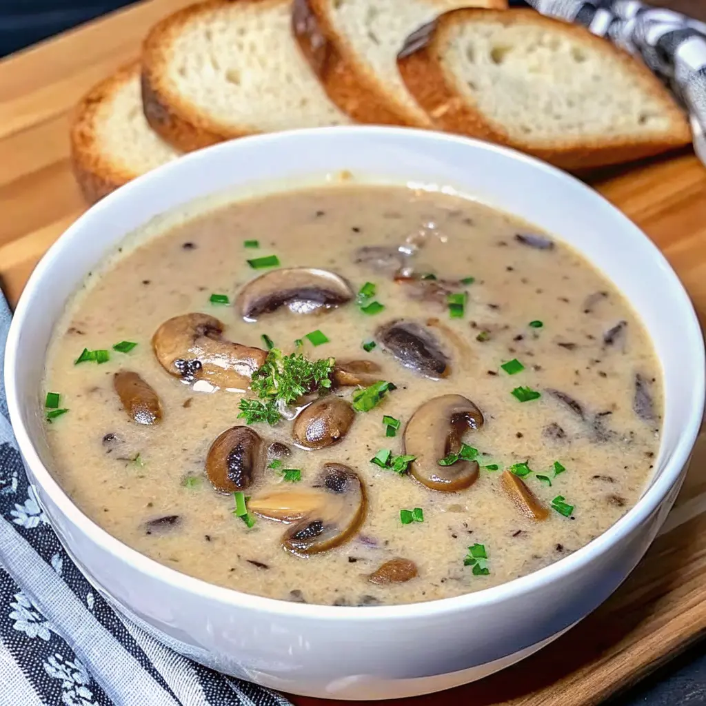 Homemade cream of mushroom soup in a bowl with fresh mushrooms and herbs