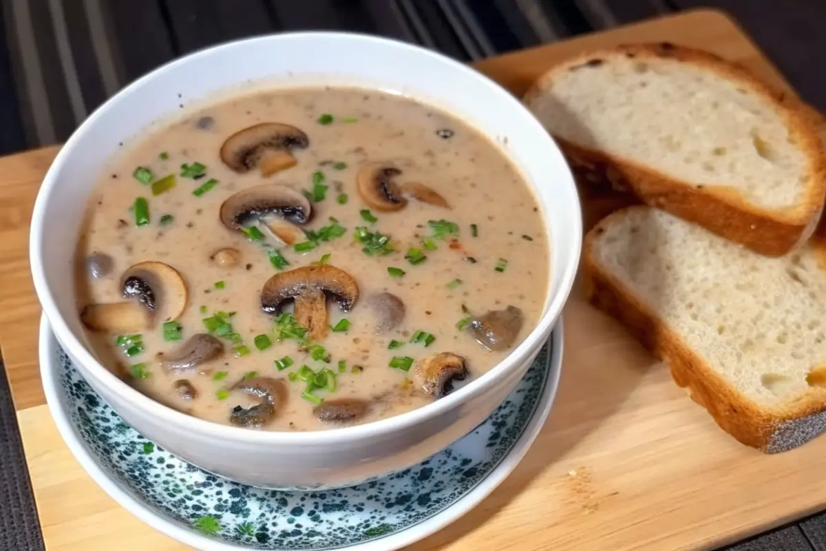 Homemade cream of mushroom soup in a bowl with fresh mushrooms and herbs
