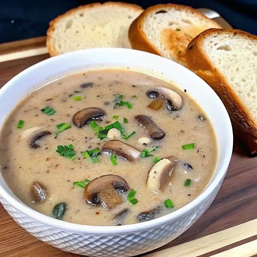 Homemade cream of mushroom soup in a bowl with fresh mushrooms and herbs