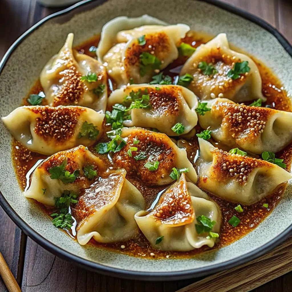 Oven-baked dumplings with peanut sauce in a one-pan casserole dish