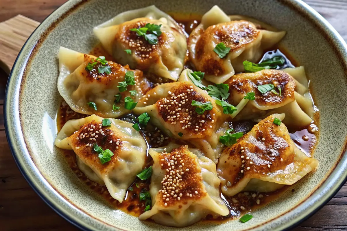 Oven-baked dumplings with peanut sauce in a one-pan casserole dish