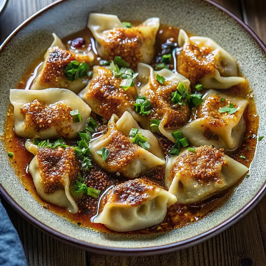 Oven-baked dumplings with peanut sauce in a one-pan casserole dish