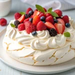Pavlova Cake topped with whipped cream and fresh berries