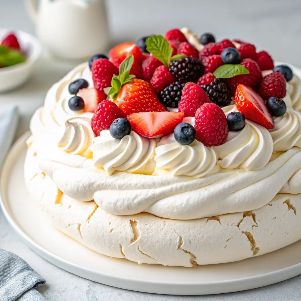 Pavlova Cake topped with whipped cream and fresh berries