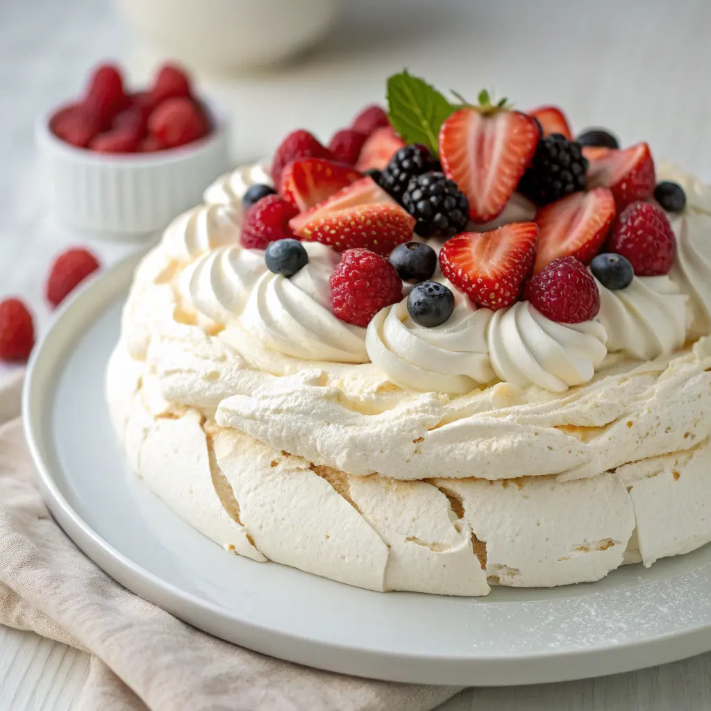 Pavlova Cake topped with whipped cream and fresh berries
