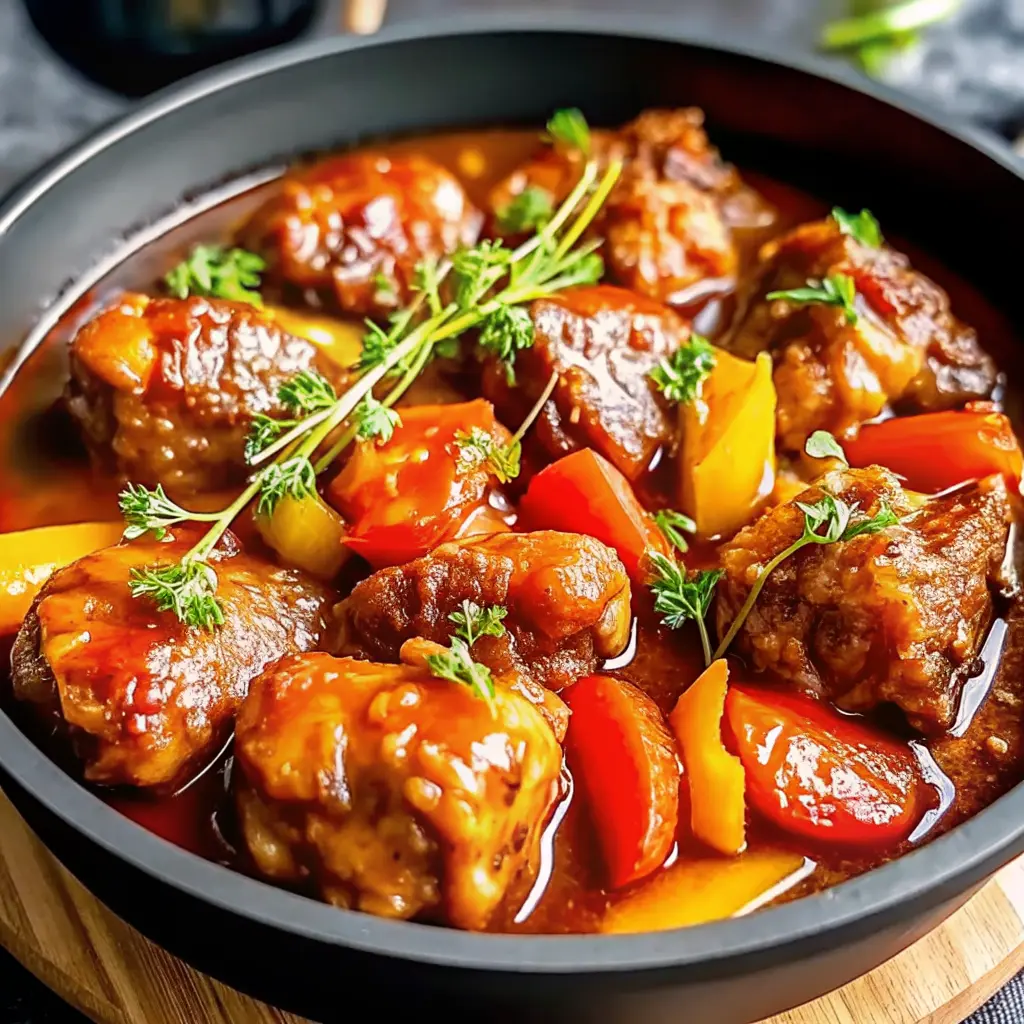 Brown stew chicken recipe in a pot with rich brown gravy
