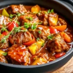 Brown stew chicken recipe in a pot with rich brown gravy