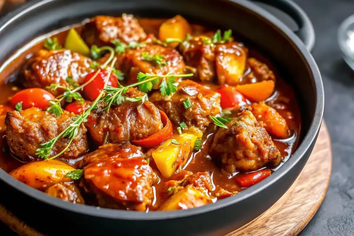 Brown stew chicken recipe in a pot with rich brown gravy