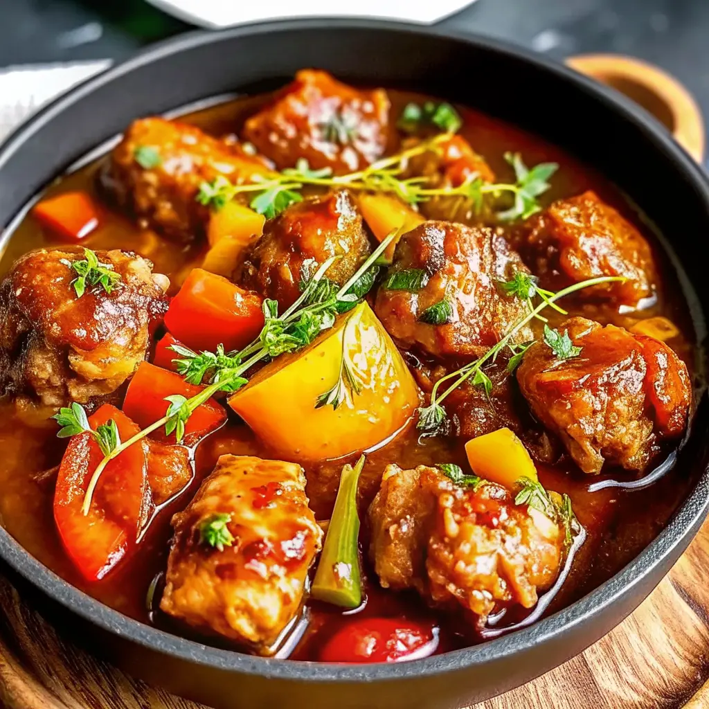 Brown stew chicken recipe in a pot with rich brown gravy