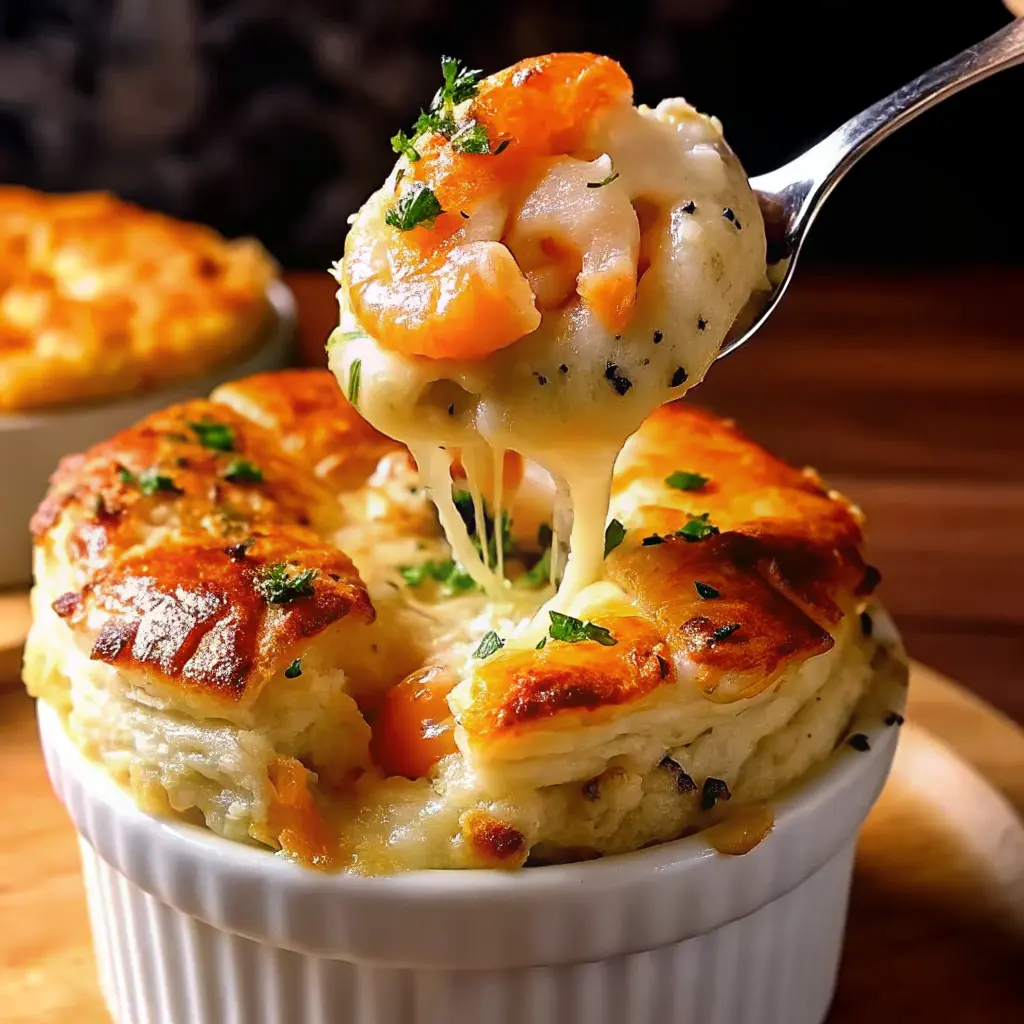 Cheddar Bay Biscuit Seafood Pot Pie with golden cheddar biscuits