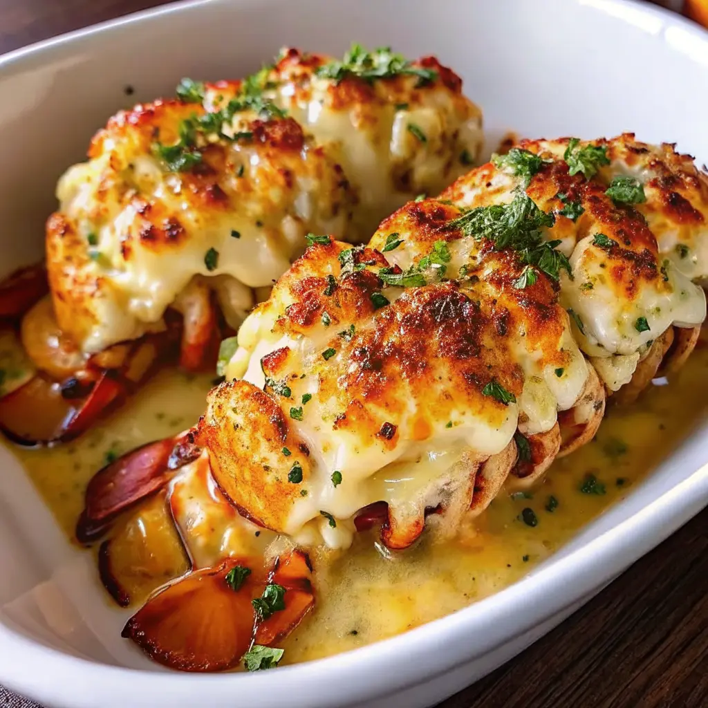 Cheesy baked lobster tails recipe with garlic butter and golden cheese topping
